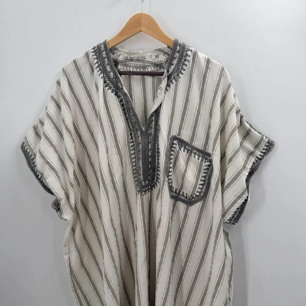 Embroidered Linen Cotton Blend Striped Boho Maxi Dress Caftan Cover Up Womens 2X - Picture 2 of 4